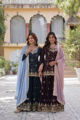 Faux Blooming with Sequins Embroidered Kurti, Plazzo & Dupatta