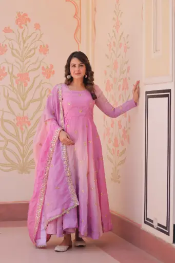 Gold Organza With Sequins-Multi & Zari Embroidered Work Gown with Dupatta