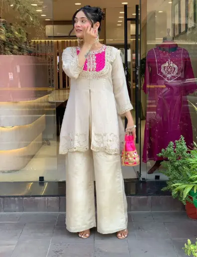 New Stylish Gold Crush With Heavy Embroidery Coding Work Top & Pant 