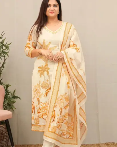 Yellow Cotton Kurti Dupatta & Pant Set 