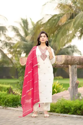 Roman Silk with Beautiful Embroidery With Sequence Work Kurti Pant Dupatta Set