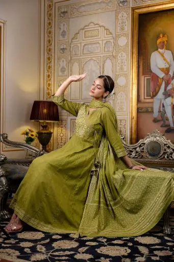 Trending Floral Embroidery Cotton Anarkali Suit Set 