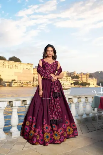 Designer Tussar Silk Floral Print With Foil Work Lehenga Choli