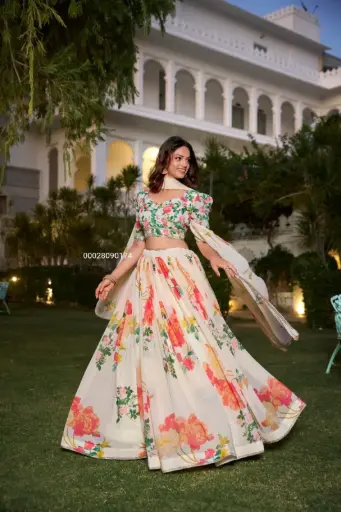 Georgette Floral Print With Lace Border Partywear Lehenga Choli