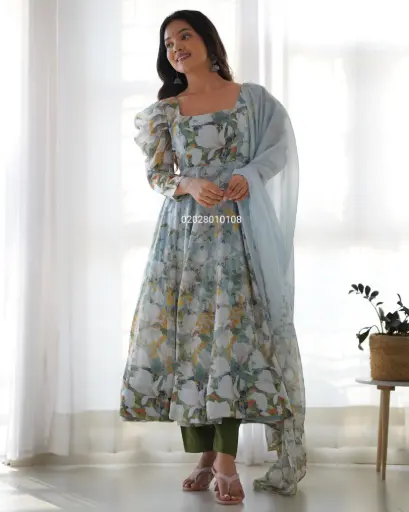 Heavy Pure Soft Organza Silk with Floral Print Anarkali Set
