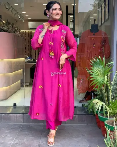 Chanderi Silk With Attractive Gorgeous Embroidery Top, Bottom and Dupatta Set