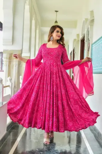 Heavy Reyon Fabric Printed Pink Bandhani Anarkali with Reyon Mulmul Dupatta