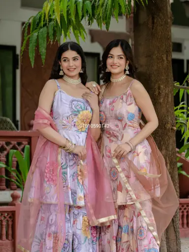 Chinon Hand Aari & Mirror Work Plazzo With Dupatta Set