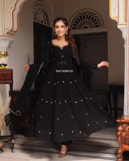 Faux Georgette With Lace Borders Trending Black Anarkali suit