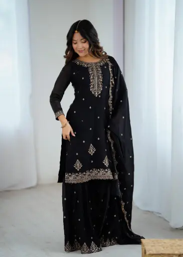 Designer Embroidered Black Designer Sharara Set with Dupatta
