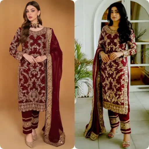 Faux Georgette Embroidered Suit with Stone Hand Work and Butter Silk Bottom