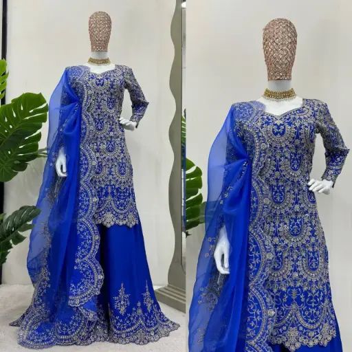 Chinon Silk Thread & Sequence Work Suit with Organza Dupatta