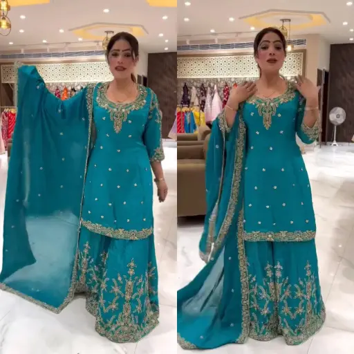 Embroidered Crepe Silk Suit with Moti Work and Flair Sharara