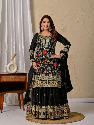 Heavy Chinon Silk Black Embroidered Sharara Set with Sequence Work