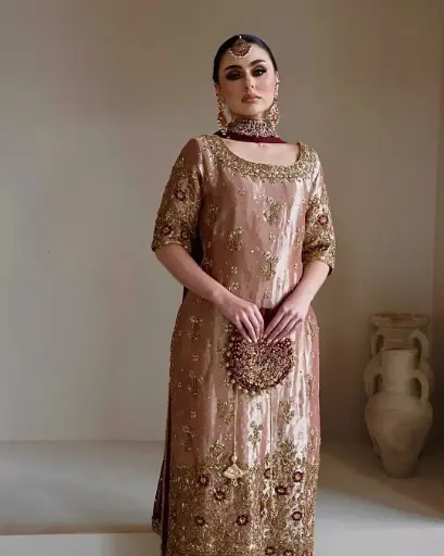 Jimmy Choo Silk Embroidered Suit Set with Rivet Moti Work and Faux Georgette Dupatta
