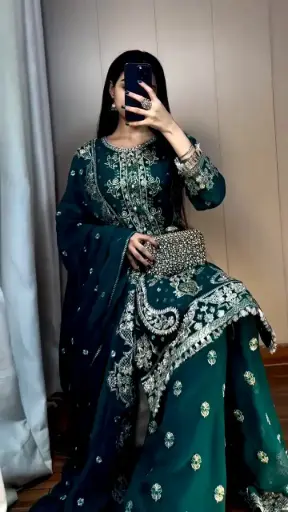 Premium Faux Georgette Embroidered Suit Set with Fancy Latkan and Dupatta