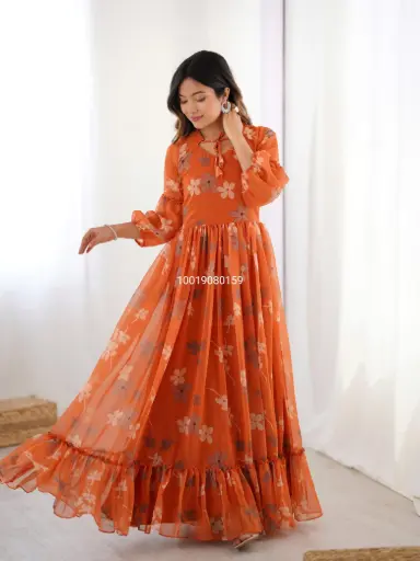 Gorgeous Orange Floral Print V neck Gown