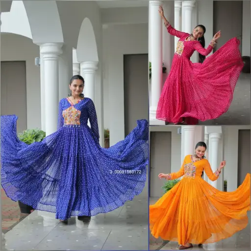 Navratri Gown Collection Bandhani Print Work With Kutchi Patchwork In Faux Georgette
