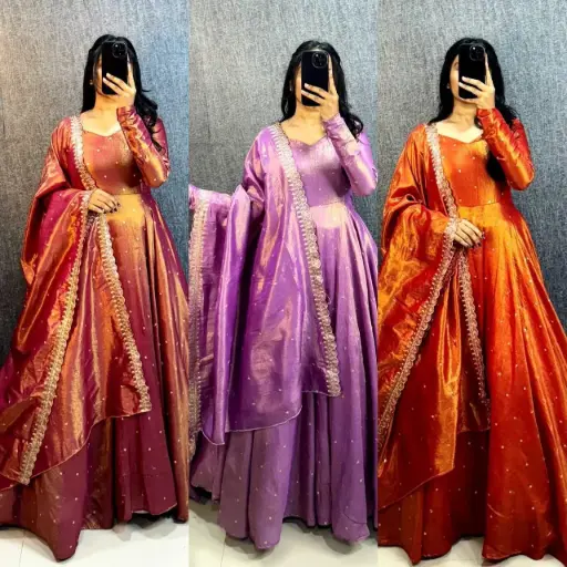 Trending Banarasi Tissue Two Tone Anarkali Gown With Dupatta 