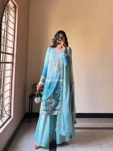 Premium Chinon Silk Designer Kurti-Plazzo Set