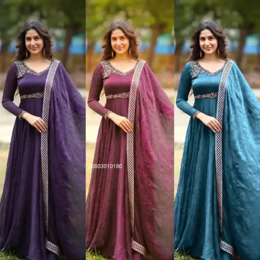 Gold Crushed Silk Sequins Embroidery Work Anarkali Gown with dupatta