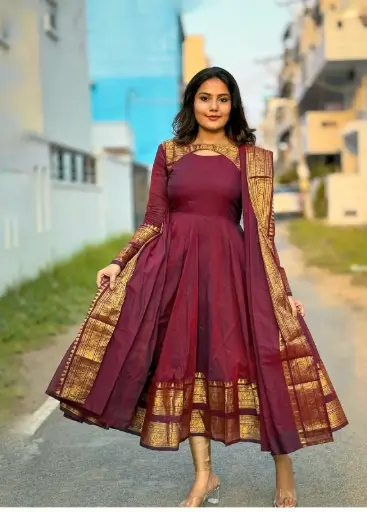 Silk Cotton Long Gown with Dupatta