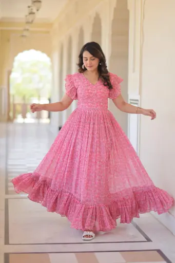 Modest Non Revealing Floral Print Pink Long Frock For Woman 