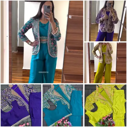 Trending Partywear Indo Western Blouse Plazzo Set With Koti