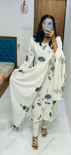 Trending Kurta Plazzo and Dupatta Set with Beautiful Lotus Motifs Embroidery Work