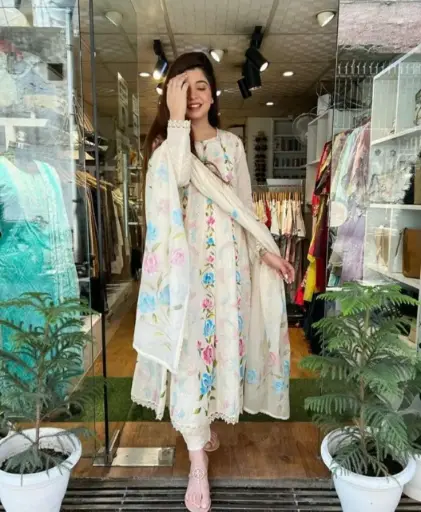 Premium Hand-Painted Anarkali Set with Chikankari Shifli Work