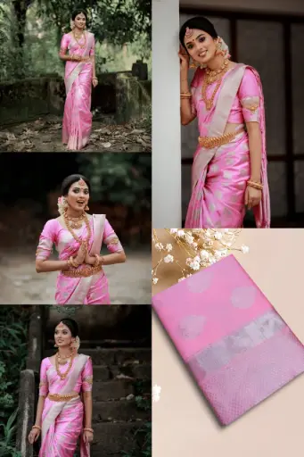 Partywear South Indian Style Soft Lichi Silk Saree with Blouse Piece