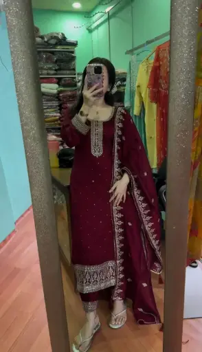 Chinon Silk Heavy Embroidery Kurti Pant with Dupatta
