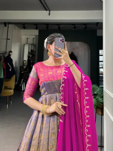 Kanjivaram Gown with a Graceful Net Dupatta