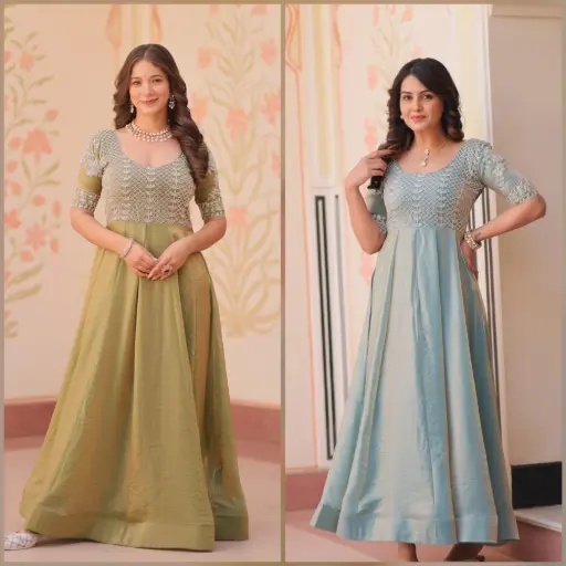 Indo Western Style Long Fendy Silk Gown 