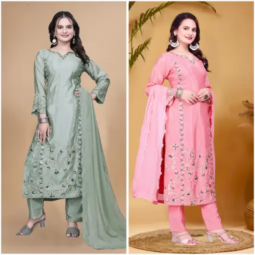 3 Pure Chinon Silk Kurti Pant Dupatta Set